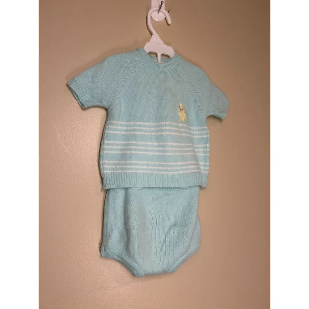 Vintage Heirloom Renro Italian Baby Blue Short Sleeve Knit Top w/Bloomers Medium